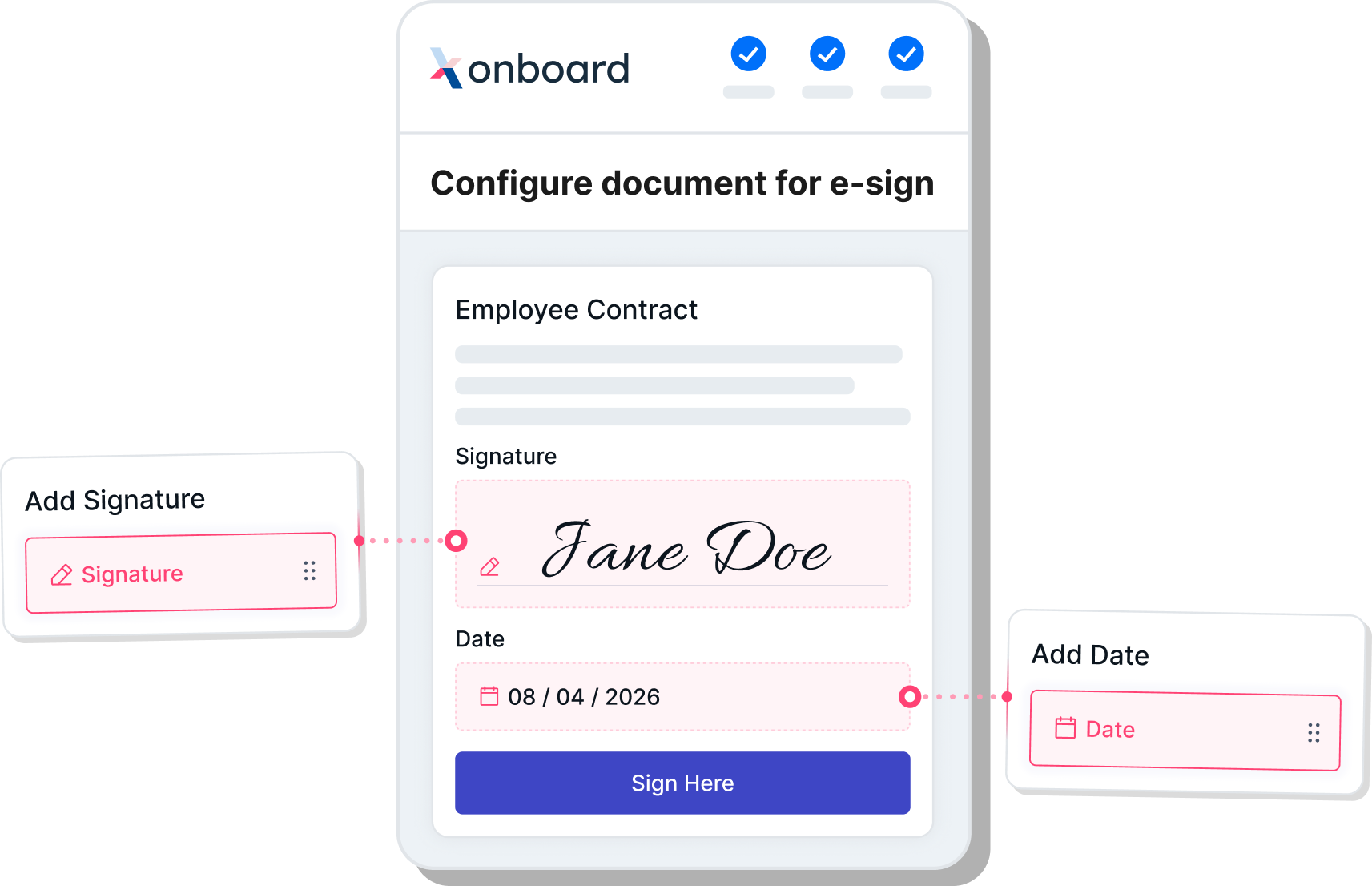 Configuring a document for e-sign in Xonboard, showing a signature and date field being added to an employee contract